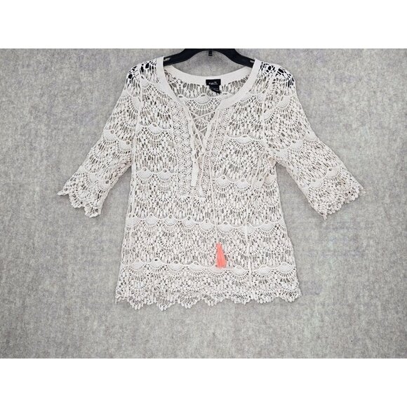 Rue21 Womens XL Crochet Lace Blouse Ivory Tassel Accent Semi-Sheer Boho Style - Picture 1 of 7